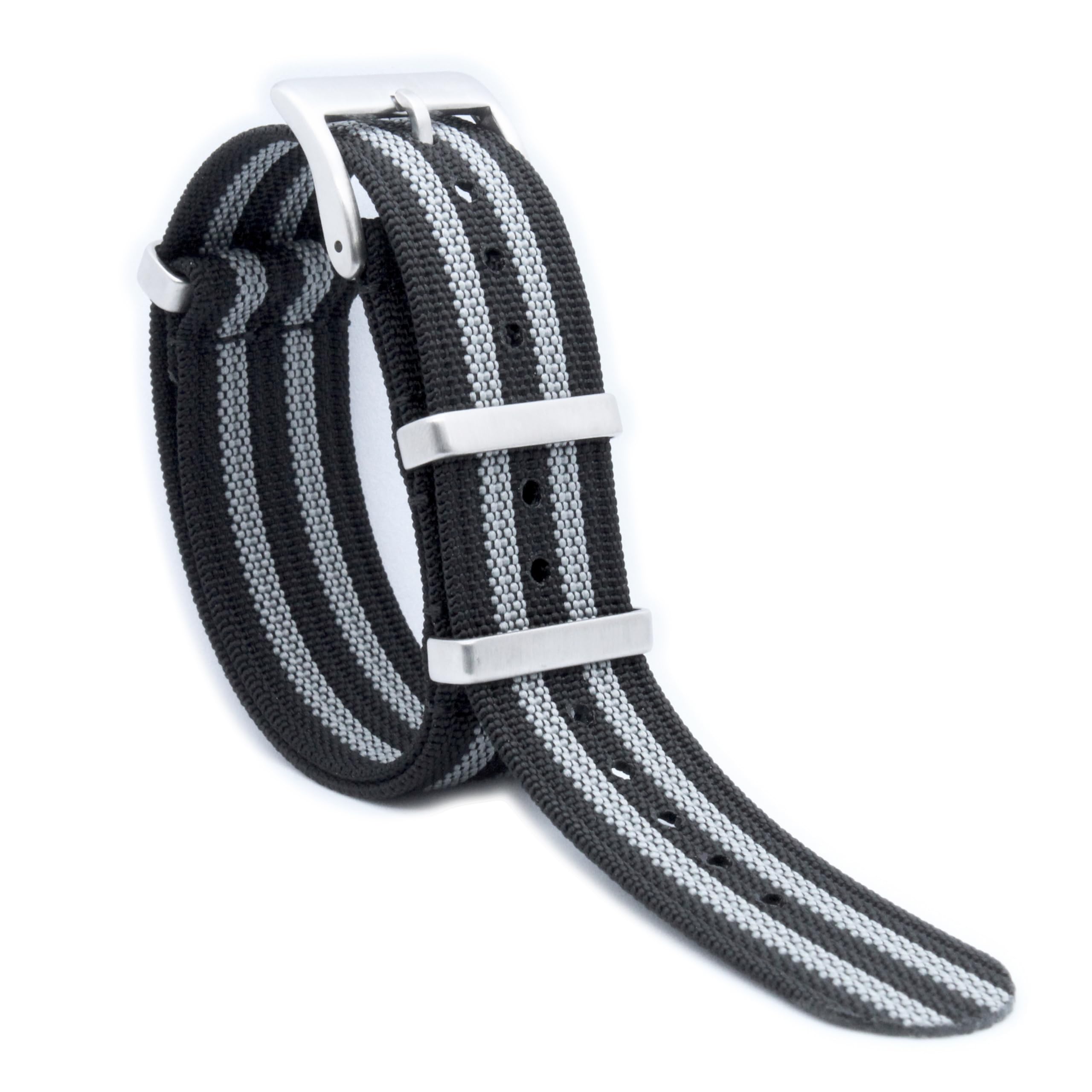 Nylon NATO Strap in 5-Stripe Black and Grey With Tang Buckle and Spring Bars