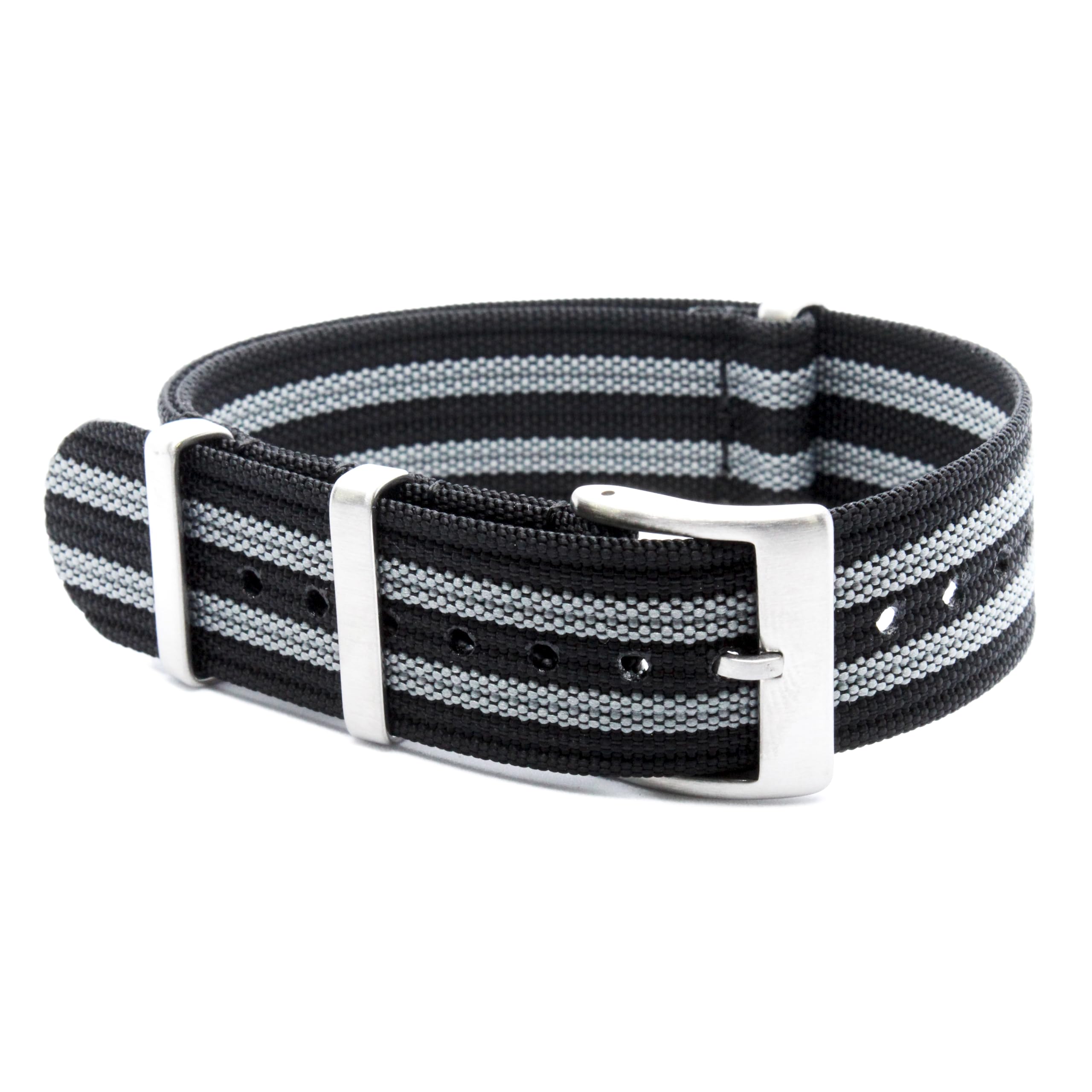 Nylon NATO Strap in 5-Stripe Black and Grey With Tang Buckle and Spring Bars